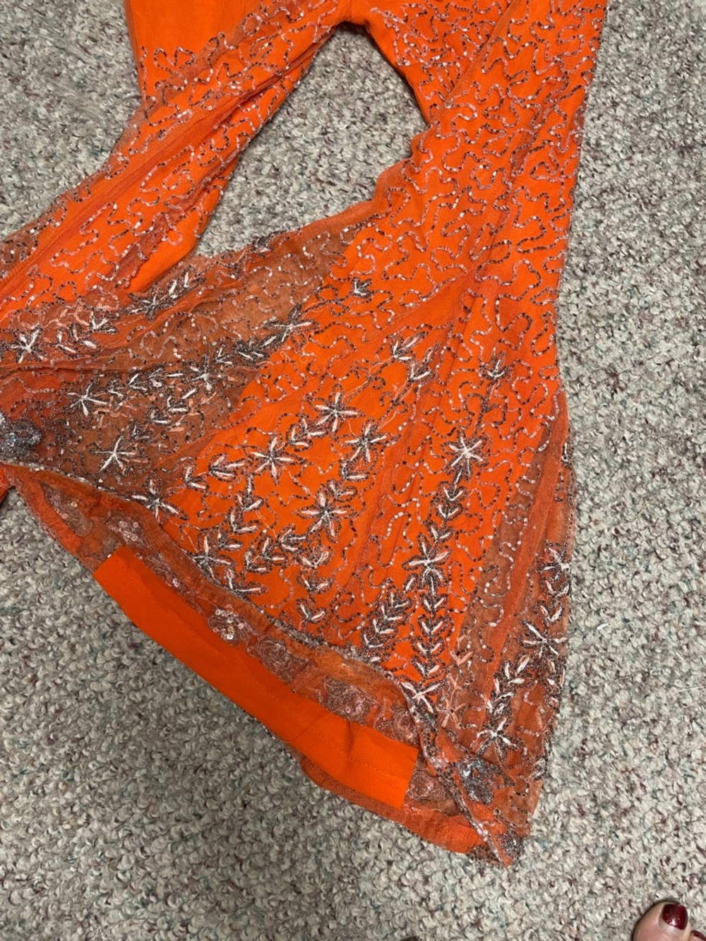 Vintage beaded sequinned super bell bottom Embellished Orange mesh Pants - Picture 11 of 13